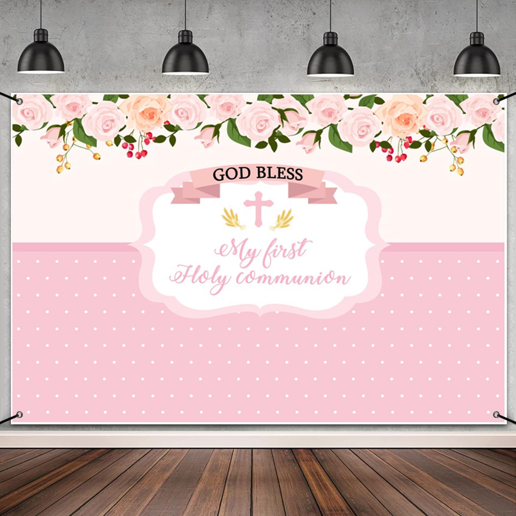 MIRRORANG Polyester 6x3.6ft First Communion Party Decor Banner Pink Baptism Banner Floral God Bless Baby Shower Backdrop Newborn Infant Photo Background - Image 3
