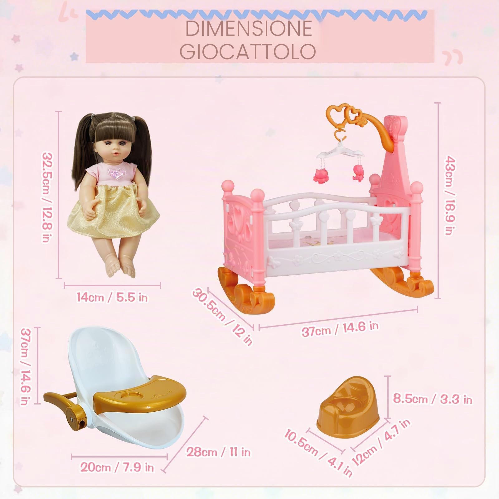 RedCrab Set Bambola con Accessori, 32cm Bambola con Funzione di Alimentazione, Lettino, Seggiolone, Vestiti, Biberon, Tettarella, Vasino e Pannolini, Giocattolo Regalo per Bambina 3+ Anni