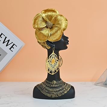 African Decor for Home - African American Art Women Statues Bust Living Room Black Gold Queen Sculpture House Table Decoration Africa Style Head Figurine Gifts for Loved Mom Wife