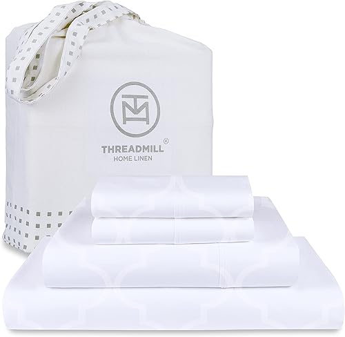 Threadmill Home Linen Bedding - Juego de sábanas de 300 hilos, 100 % algodón, juego de cama de lujo, 4 piezas, tejido de satén suave, color blanco