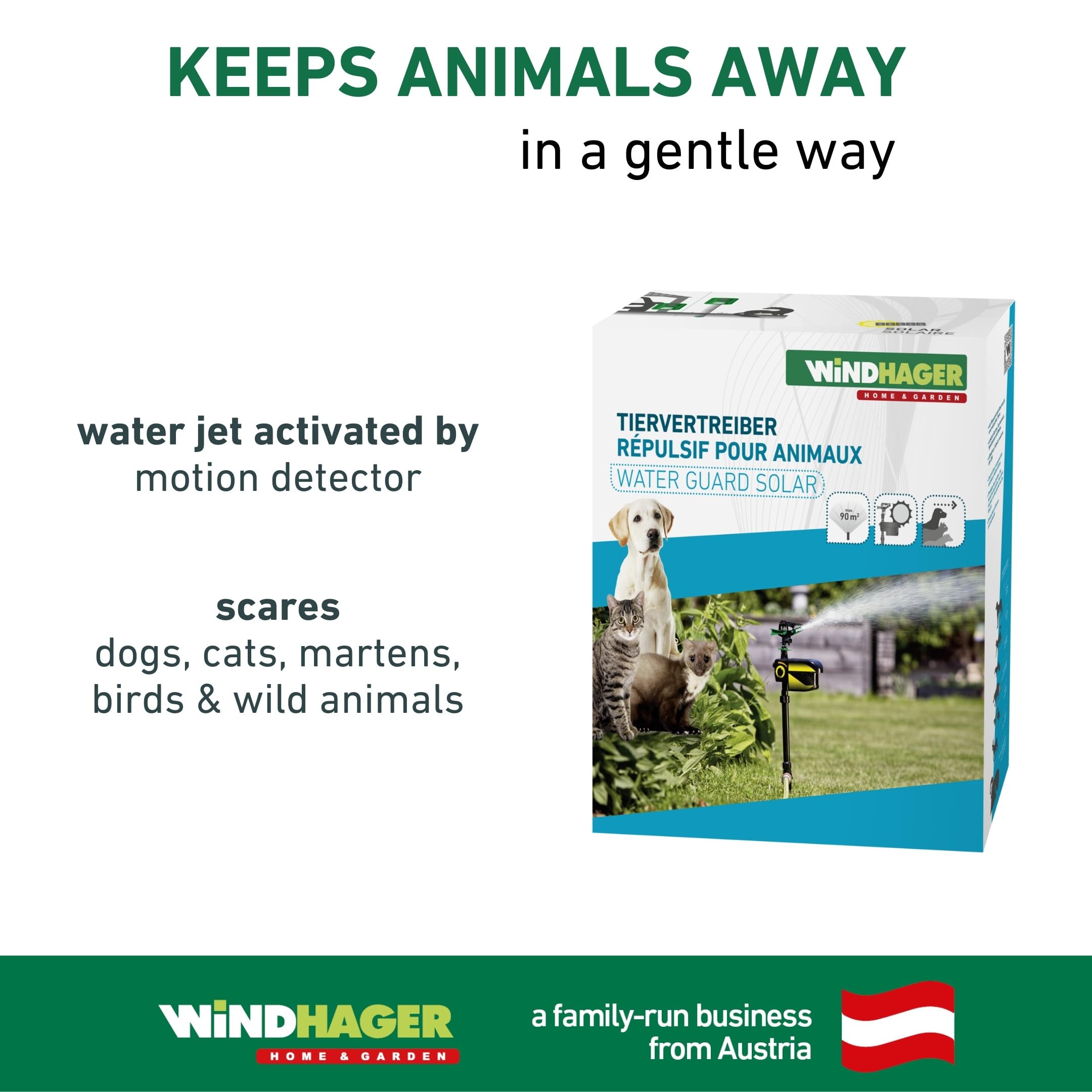 Windhager Odstraszacz zwierząt Water Guard SOLAR strumień wody dla psów, kotów, kun, szopów praczy, dzikich zwierząt, zasilany energią słoneczną, do 90 m², 05046