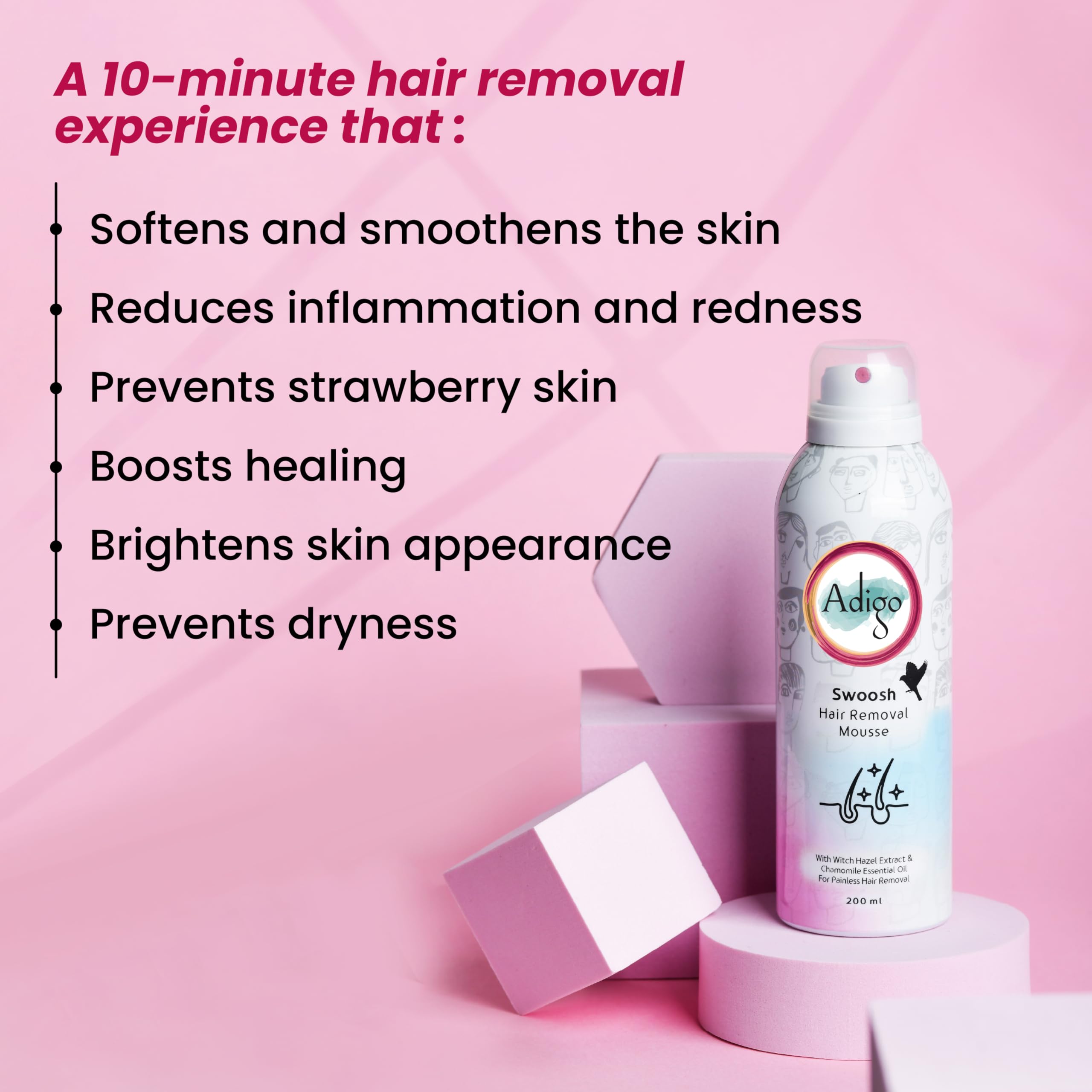 Adigo Swoosh Hair Removal Mousse | Witch Hazel Extract & Chamomile Essential Oil | Dermatologically Tested | Painless Hair Removal | 200ml 1