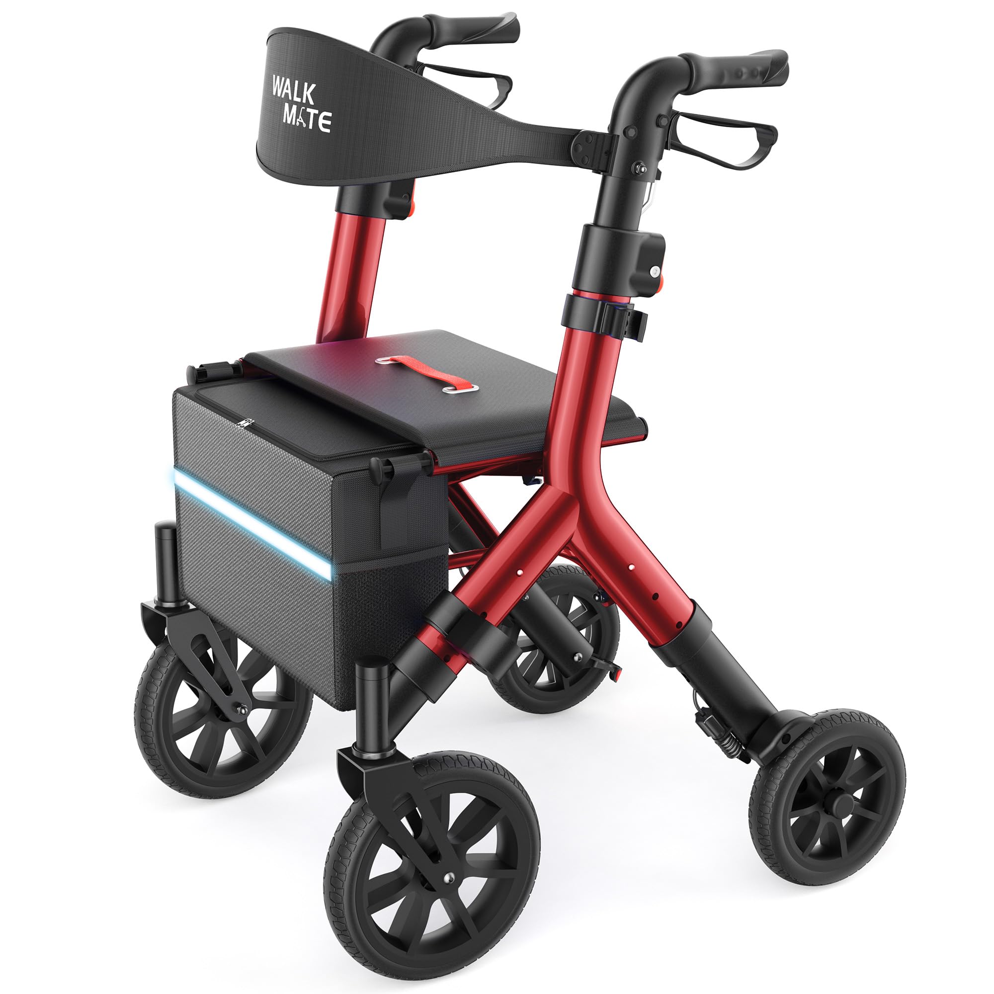 WALK MATE Rollator für Große Menschen bis 2m,Rollatoren Schmal für Wohnung,Höhenverstellbar, Rollator Faltbar und Leicht mit sit,25cm Reifen und Versteckten Bremskabeln für Senioren