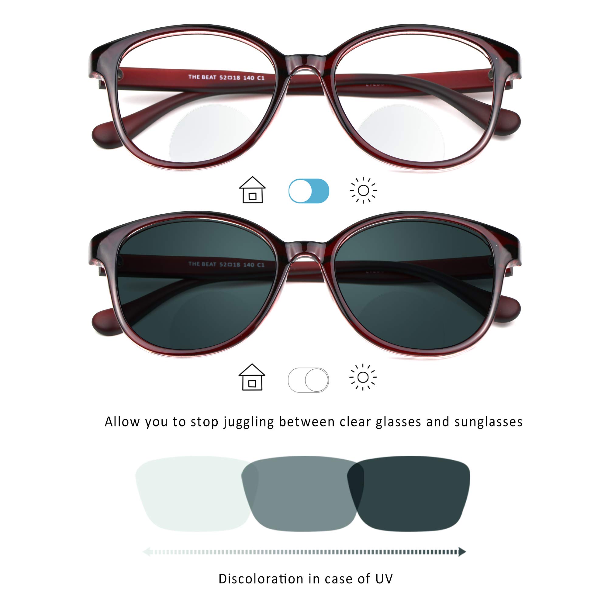 LifeArt Bifocal Reading Glasses,Transition Photochromic Dark Grey Sunglasses,Oval Frame, Dual-use for Outdoor UV Protection,Computer Reading Glasses, Reduce Glare(Clear Red, 1.75 Magnification)