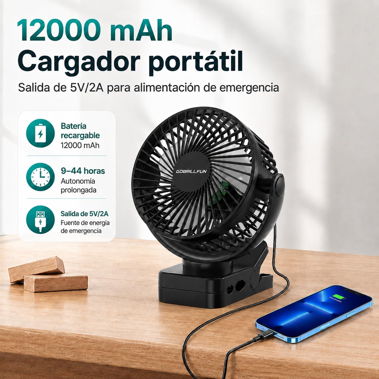 Ventilador Portátil con Clip 6” y Batería 12000mAh, USB Recargable, Luz LED, Control Remoto, 3 Velocidades, Temporizador y Power Bank para Camping, Coche y Furgoneta Camper