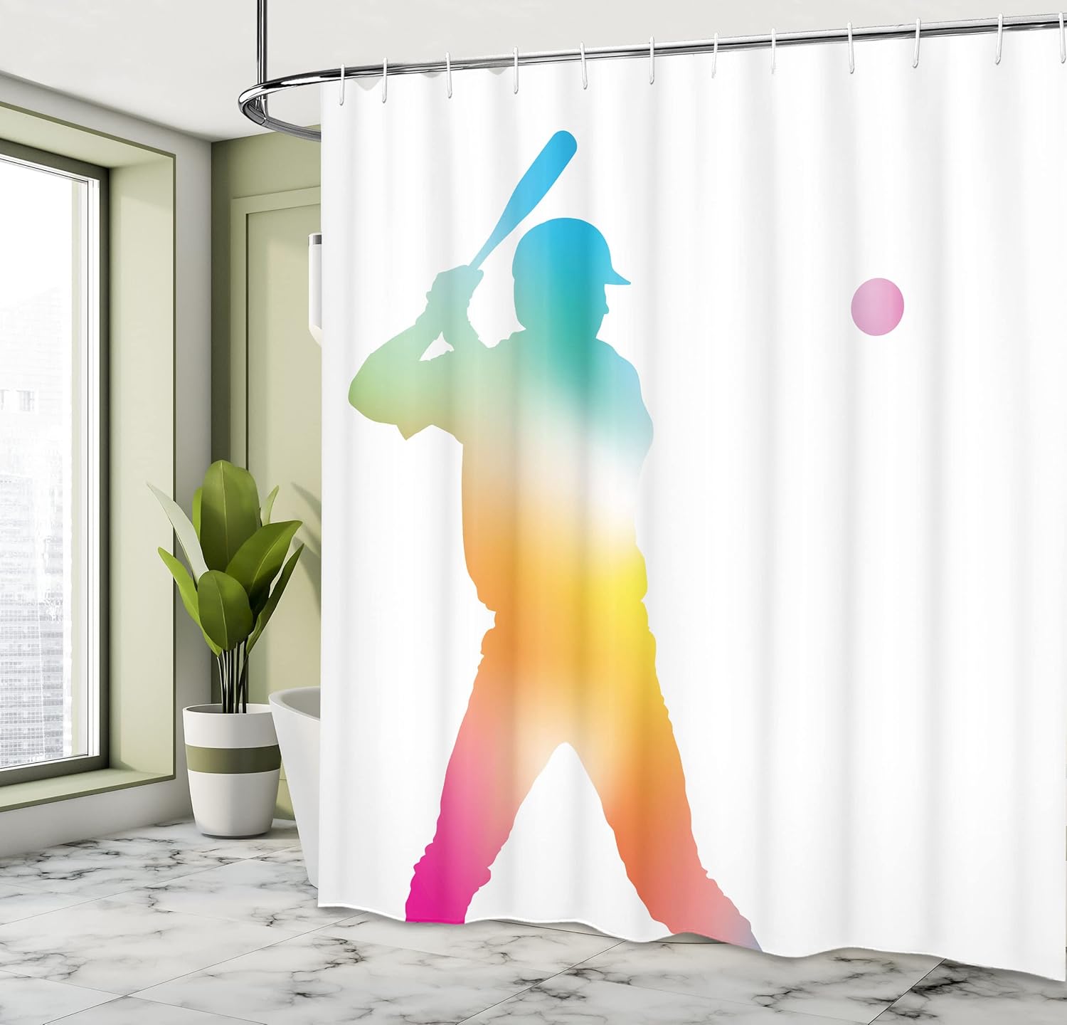 Ambesonne Baseball Shower Curtain, Colorful Reflection of Baseball Player Batter Softball Hitter Swinging Arms Print, Cloth Fabric Bathroom Decor Set with Hooks, 69" W x 70" L, White Multicolor
