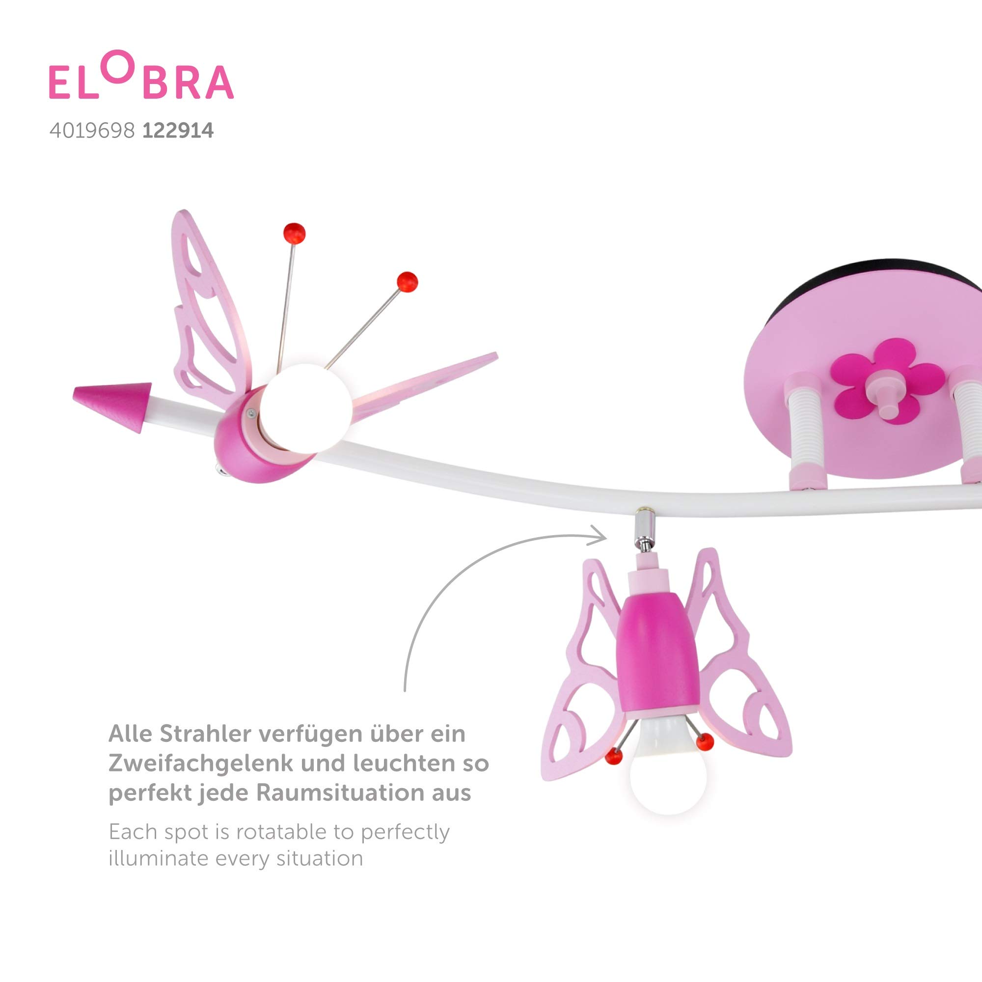 Elobra Kinderlampe Mädchen "Welle Falter" | Wunderschöne Deckenlampe Kinderzimmer für Mädchen, Lampe Schmetterling, rosa, Blüten, bewegliche Deckenstrahler, 100 x 20 x 25cm, Rosa Pink
