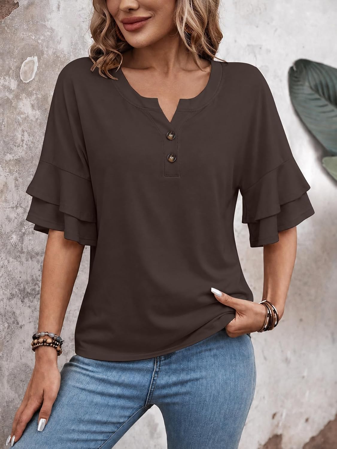 Sialois Womens Blouses 3/4 Length Sleeve Tops Ruffle V Neck Shirts Casual Tunic Spring Fall Summer Fashion Work Clothes