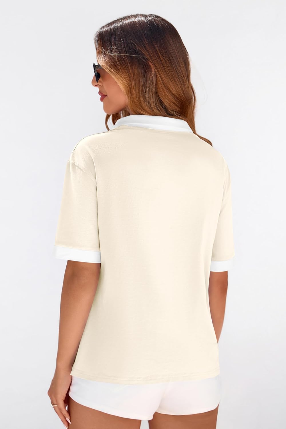 PRETTYGARDEN Summer Short Sleeve Polo Shirts for Women Collared V Neck Work Dressy Tops Knit Loose Business Casual Outfits(Beige,Medium) - Image 4