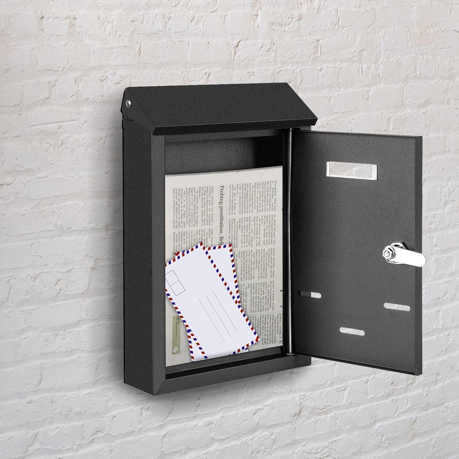 Wall-Mount Mailbox with Lock and Keys, Locking Key Drop Box with View Window, Galvanized Steel Metal Mail Box for House Outside, 11.81 x 7.87 x 2.56 Inch, Black