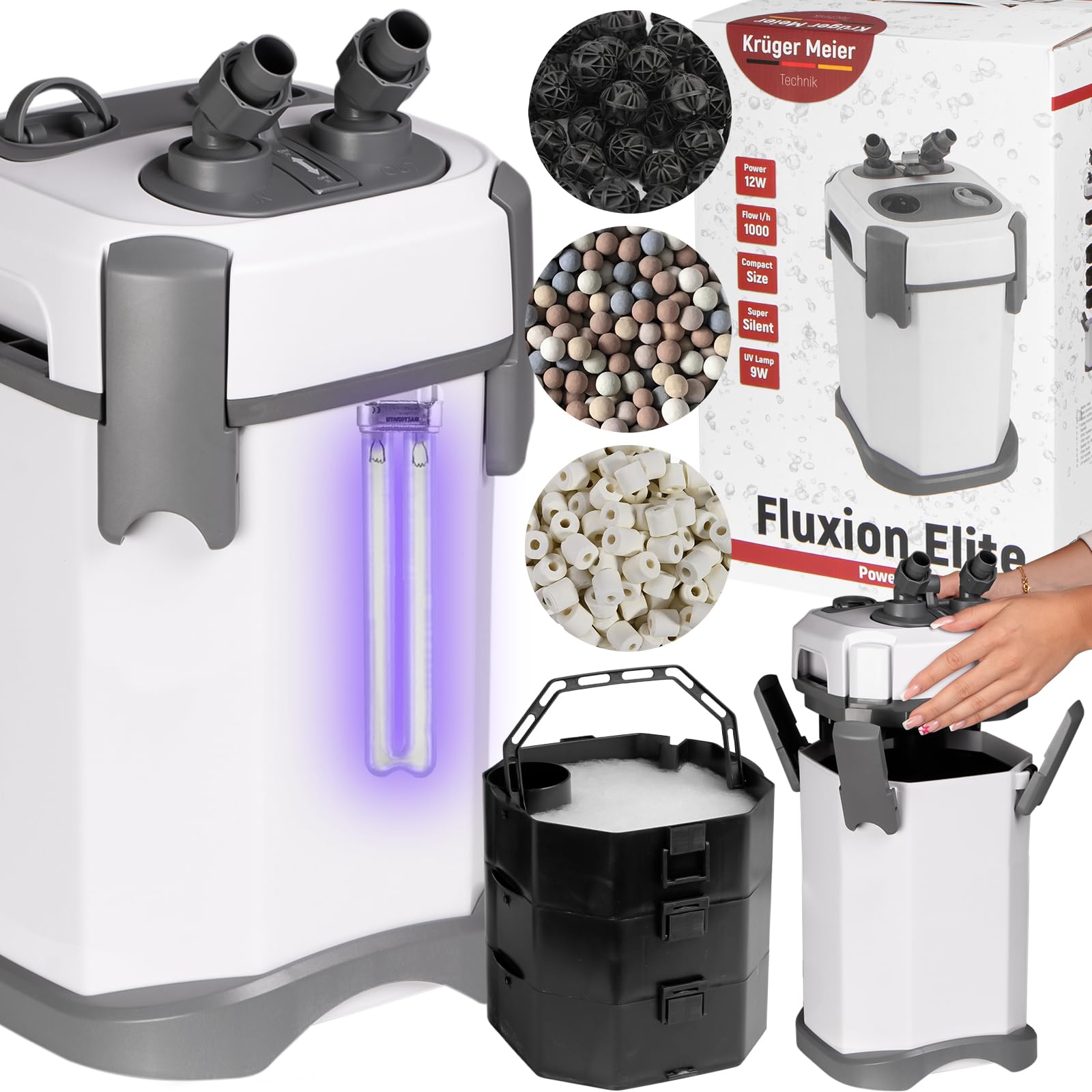 Fluxion Elite 1200 UVC PRO – Filtro Esterno per Acquario 100-250L con Lampada UV 9W, 3 Cestelli, Silenzioso, Regolazione Portata, Skimmer, Accessori Inclusi