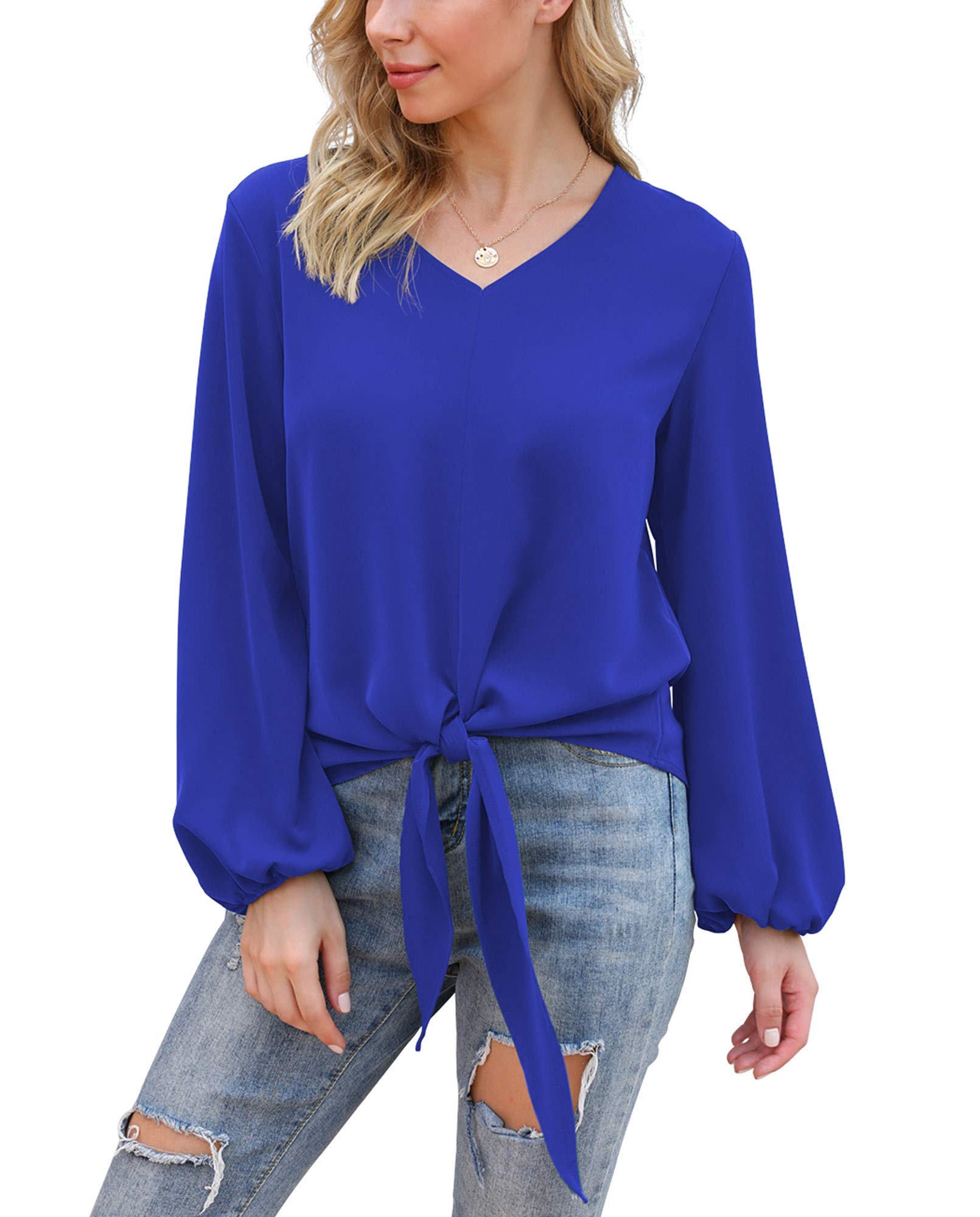 VIISHOW Womens Tie Front Knot Lartern Sleeve Loose Fit V Neck Floral Blouses Chiffon Tops Shirts