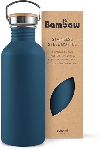 Bambaw Botella de agua sin aislamiento de 32 onzas, botella de agua azul con asa, botella de agua de una sola pared de acero inoxidable apta para