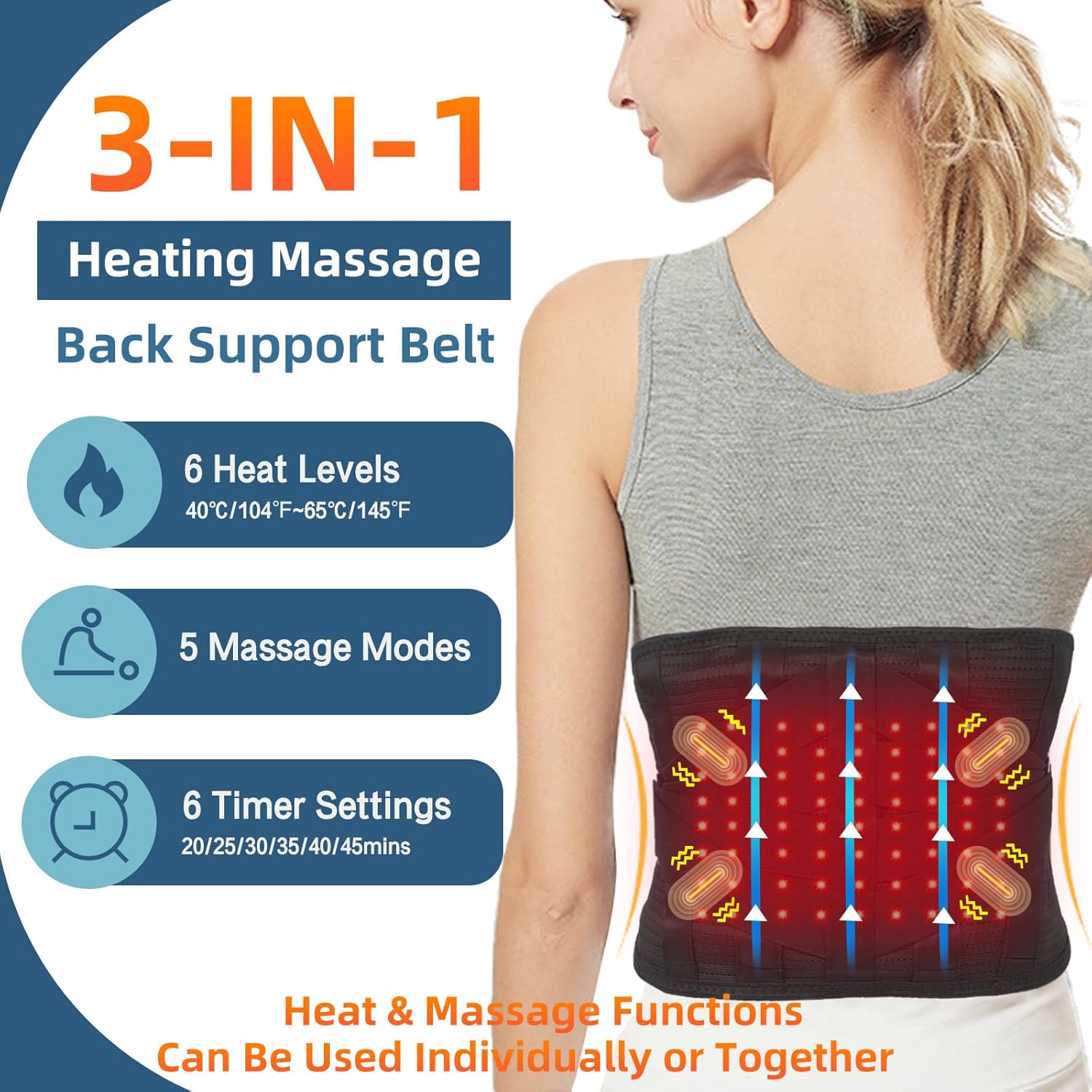 HONGJING Red Light Massage Back Brace with Heat for Lower Back Pain Relief, Cordless Back Support Massager Belt Rechargeable for Pain from Herniated Disc, Scoliosis, Sciatica (XL)