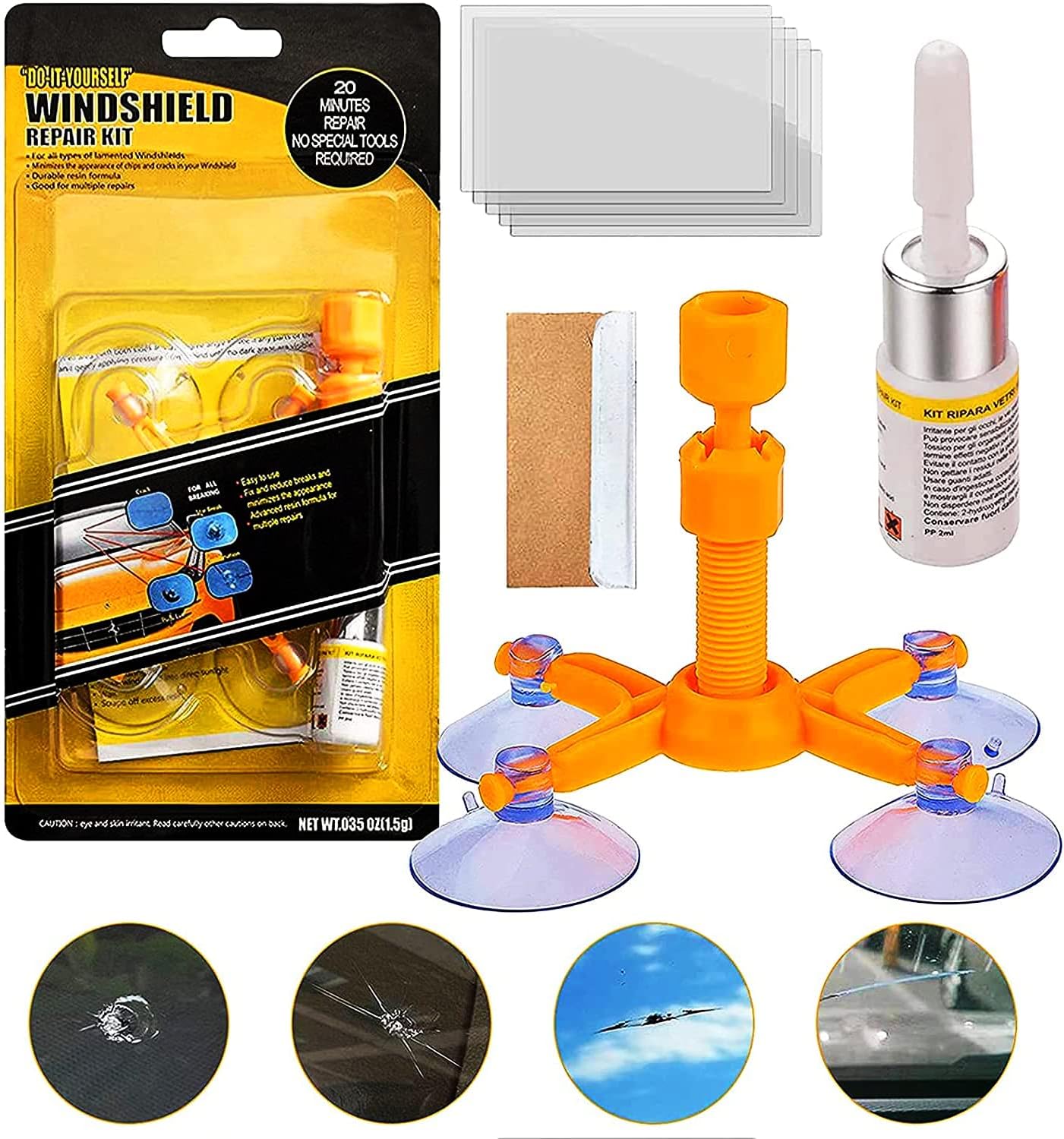 FILBA Windshield Repair Kit, Car Windshield Crack Repair Kit Glass Repair Kit for Repairing Auto Glasses Windshield/Cracks/Chip/Bulls-Eye/Spider Web/Star-Shaped/Half-Moon (Yellow) (YELLOW2)