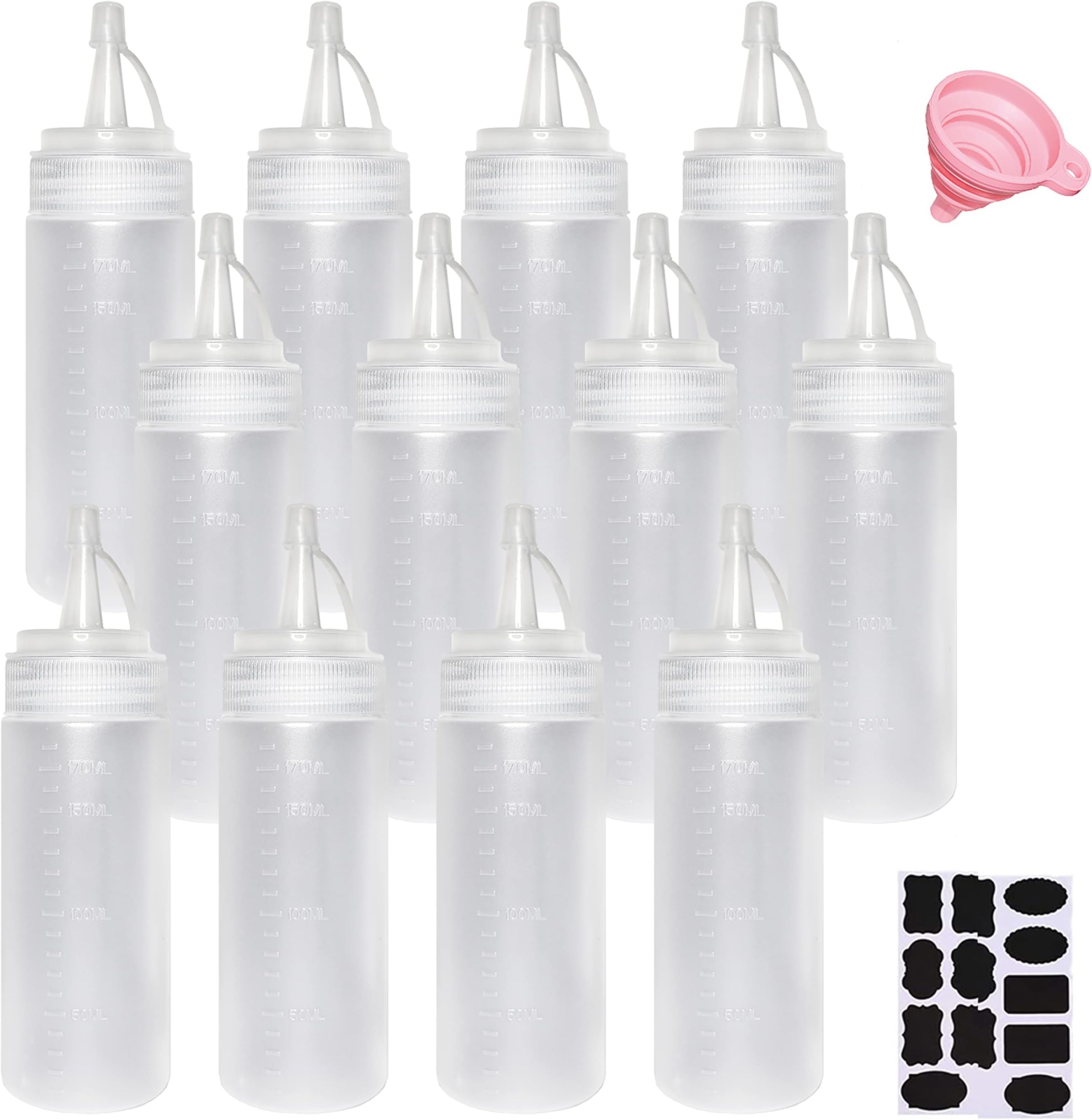 – 12 Pack 200 ml (6.7oz) Plastic Squeezy Sauce Bottles with Twist on Cap Lids, Tick Marks Squeeze Bottle for Condiment, Pigment Squeeze Bottle for Painting