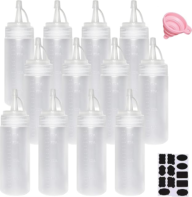 Juncture 12 Pack 200 ml (6.7oz) Plastic Squeezy Sauce Bottles with Twist on Cap Lids, Tick Marks Squeeze Bottle for Condiment, Pigment Squeeze Bottle for Painting