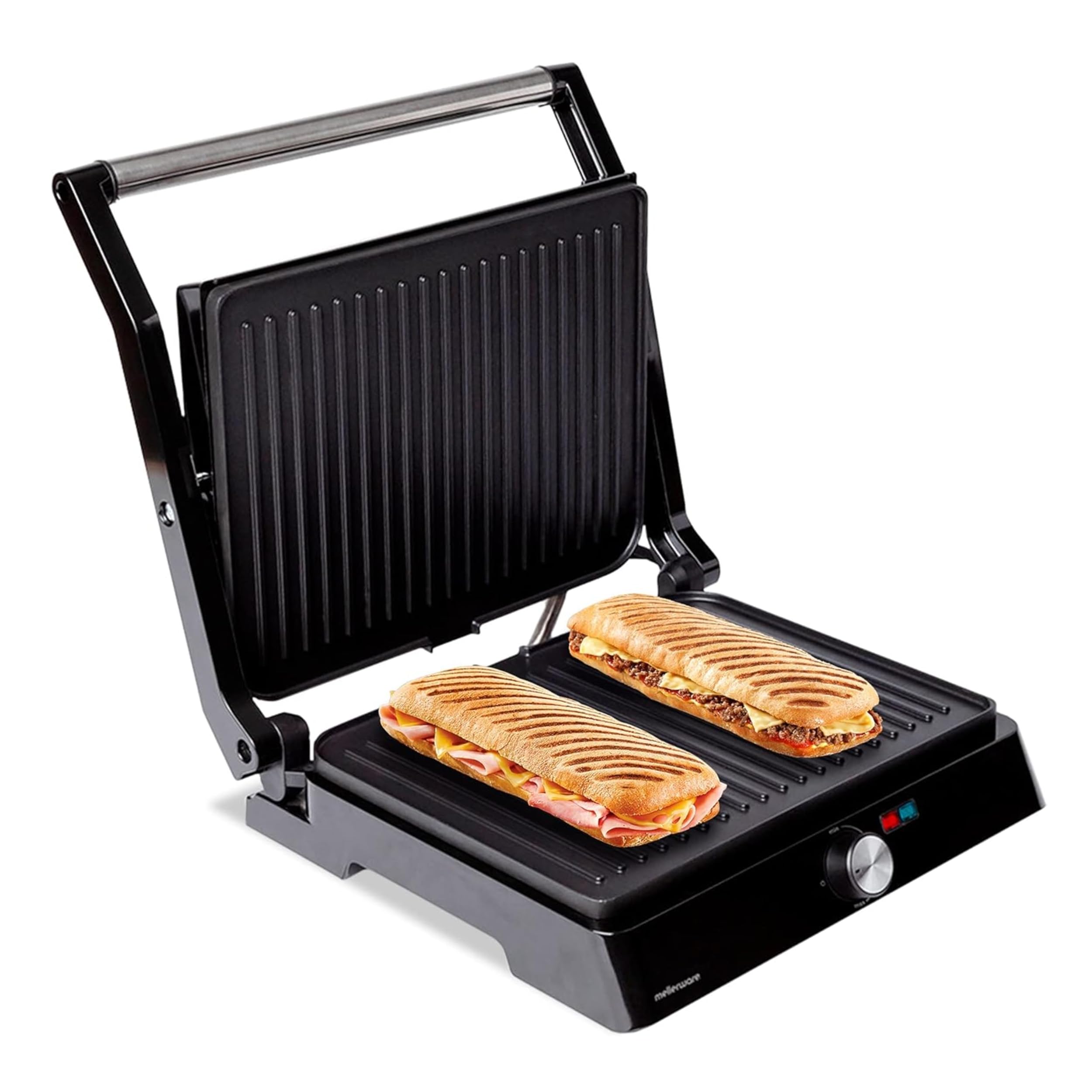 Mellerware - Gril électrique portable Hotty ! | 2200W | Anti-adhérent | 3 en 1 (Cuisinière, Assiette, Barbecue) | Régulateur de température | LED | Ouverture 180 degrés | 29 × 46 cm | Acier inoxydable