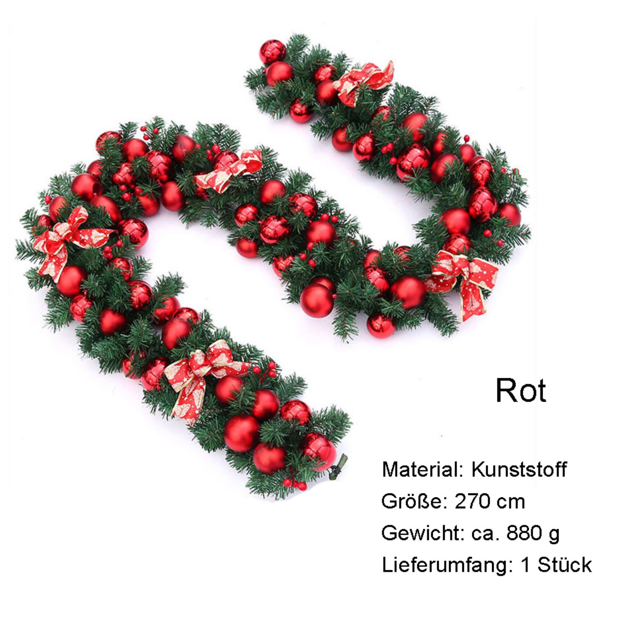 Weihnachtsgirlande, 270 cm Tannengirlande mit Tannenzapfen und Weihnachtskugeln, Weihnachtskranz für Weihnachtsdeko Innen und Außen, Treppengeländer & Türrahmen (Rot)