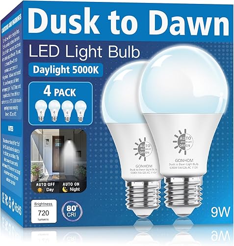 Gonhom Paquete de 4 bombillas LED de atardecer a amanecer para exteriores, 5000 K, luz diurna, 720 lúmenes, 9 W (equivalente a 60 W) A19 E26