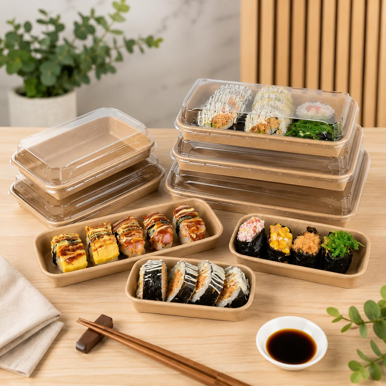 HOT BARGAINS 200 x No.3 (16.5 x 11.5 x 2.4 cm) Kraft Paper Sushi Tray with Reusable Clear Lids | Leak-Resistant Takeaway Container for Bento Salads & Dessert Food Boxes