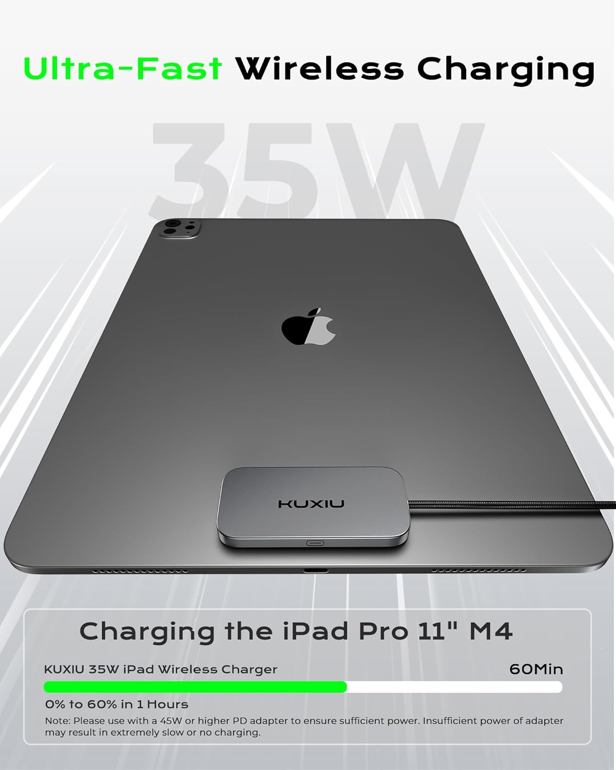 KU XIU Magnetic Wireless Charger for iPad Pro 11" M4/M5 ONLY, 35W Fast Charging Smart Connector Charger, Aluminum Alloy Wireless Charging Pad with 6.56ft USB-C Cord Cable (Adapter Not Included)