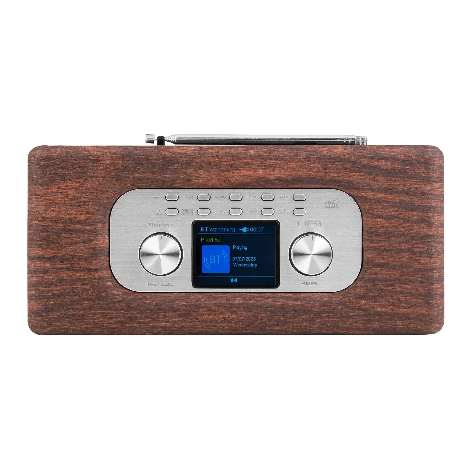 Audizio Tune60 Enceinte Portable BT Rétro avec Radio Dab+ et FM - Haut Parleur sans Fil Vintage 40W avec USB, Micro SD, AUX et Télécommande - Enceinte Mobile Design Noyer
