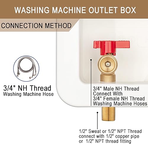 Miniatura 9 de Caja de salida para lavadora de 12 pulgada para sudor e hilo con drenaje central de 2 pulgadas, conecta mangueras de lavadora de 34 pulgadas