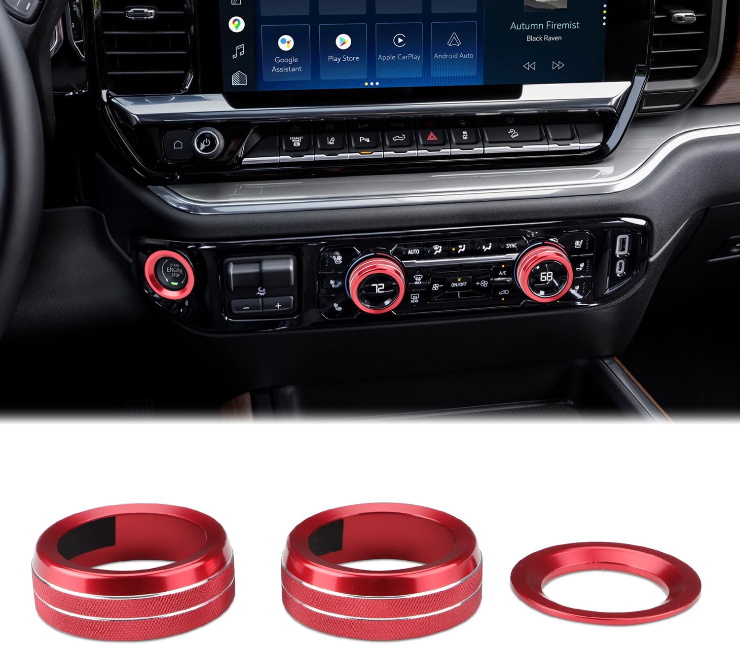 Auovo Volume/Tune Knob A/C Knob Covers Push Start Stop Button Cover Compatible with 2022-2024 Chevy Silverado/GMC Sierra Accessories Car Interior Trim Decorations(3pcs/Set, Red)