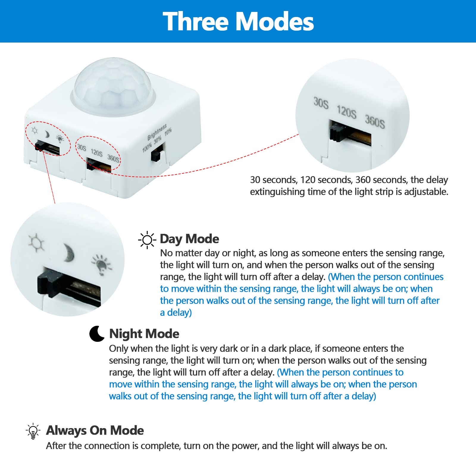 GOMING Motion Sensor COB LED Light Strip 16.4ft(5M) Warm White 3000K 3 Lighting Modes 3 Timing Off Modes 3 Brightness Modes with Power Adapter for Kitchen Cabinets Stair Showcase Bedroom Bed
