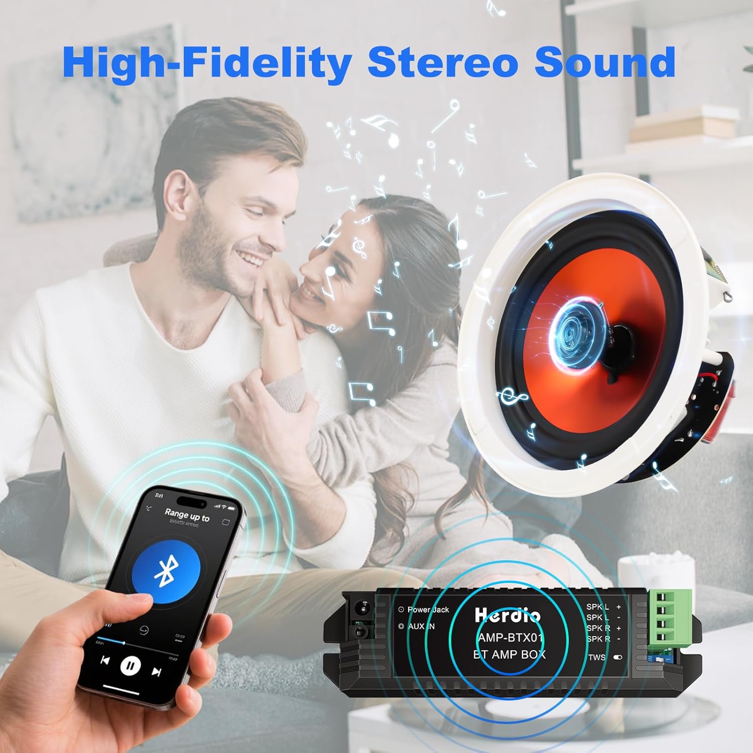 Herdio 8 Inch Bluetooth Ceiling Speakers Max Power 400 Watts 2 Way Flush Mount in Wall Speaker Great for Bathroom, Kitchen,Living Room,Office(1 Pair) - Image 2