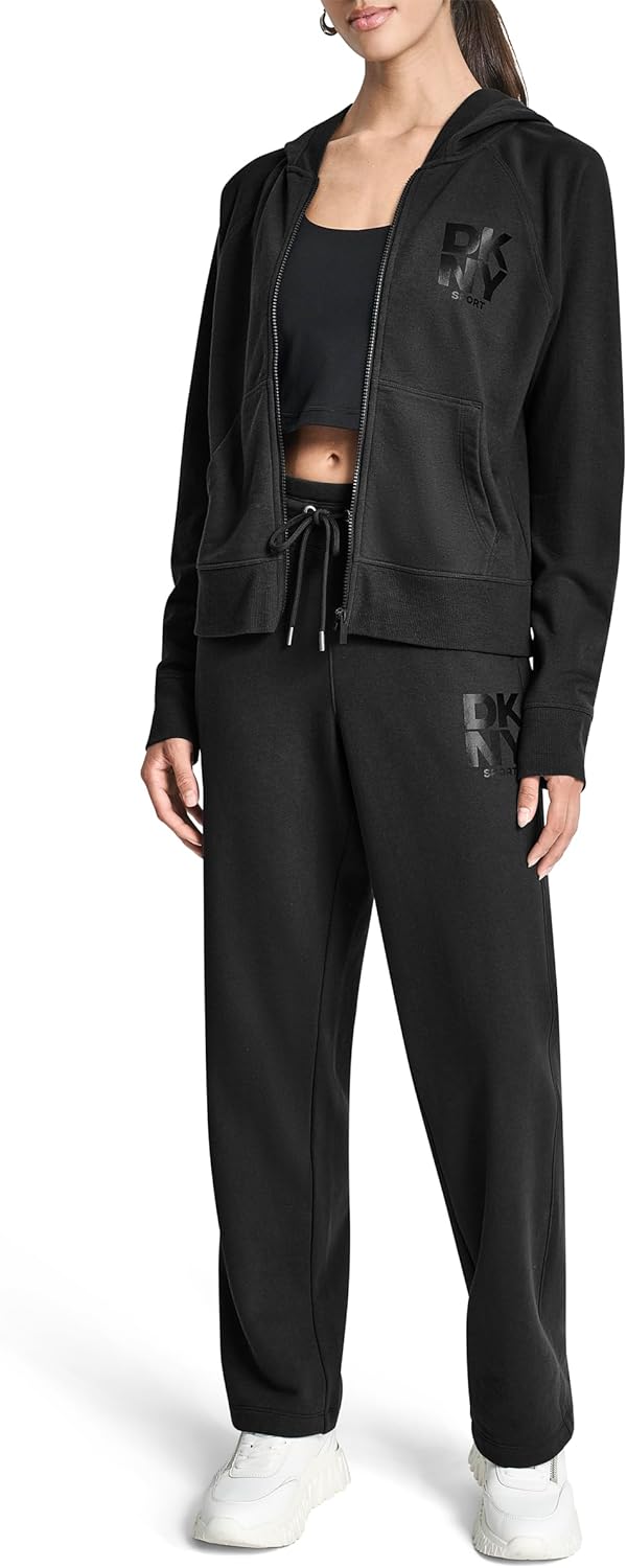 DKNY womens Stacked Satin Full Zip Logo Hoodie With Pockets - Image 2