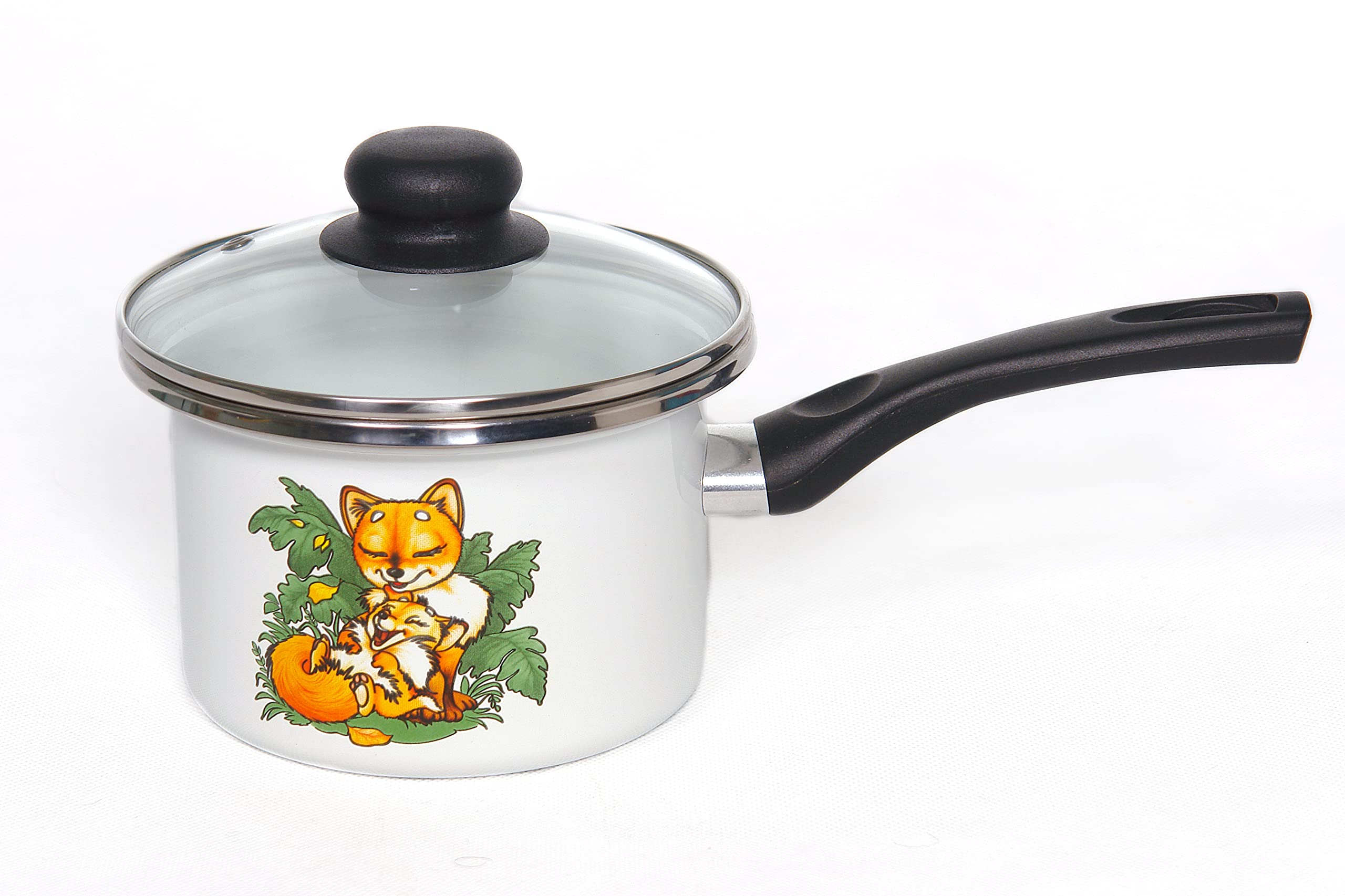 Omelia 1.5L "Foxes" Cooking Stewpan with a Glass Lid, Enameled Home Cooking Stewpan, Retro Classic Multipurpose Lidded Stewpan