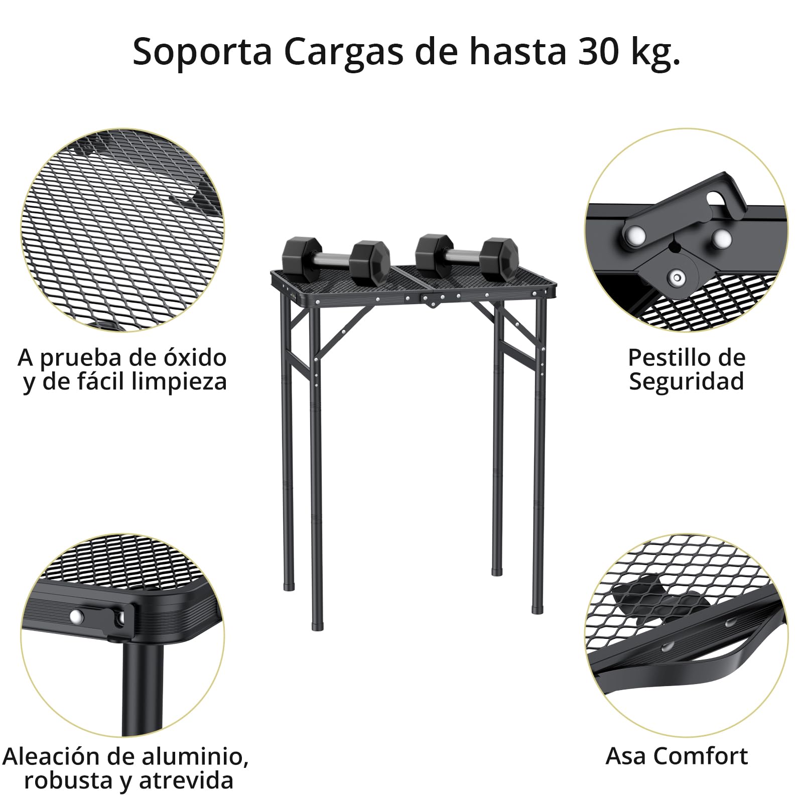Anbte Mesa Camping Plegable 60x40x27/51/74.7cm Mesa de Parrilla 3 Alturas Ajustables con Tablero de Malla Resistente al Calor Impermeable para Cocinar Barbacoa Picnic(Instalación Roscada)