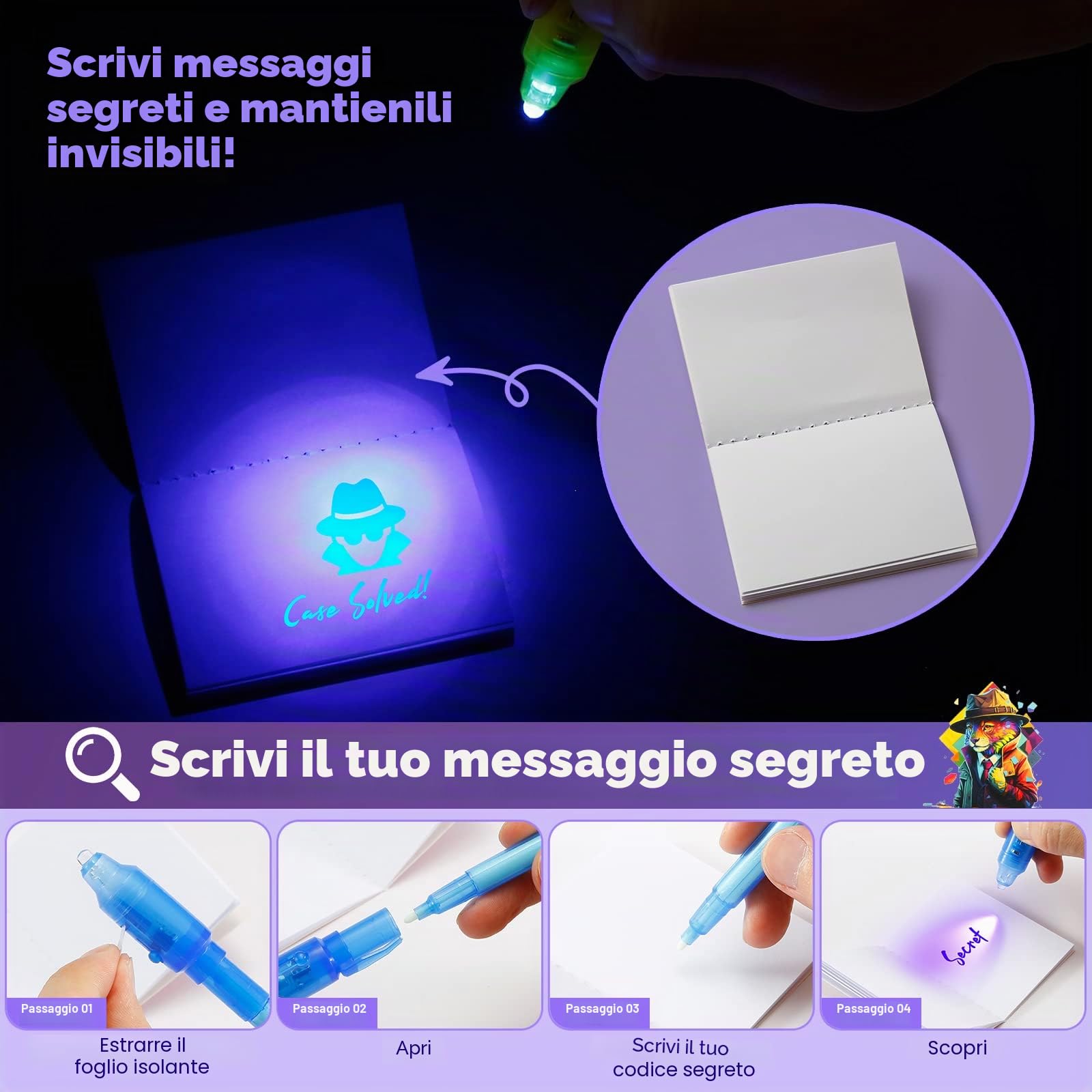 DazSpirit 32pcs Penna Inchiostro Invisibile e Taccuino, Tema Investigativo Penna Invisibile con Luce Gadget Compleanno Bambini, Penne Invisibili per Scrivere Messaggi Segreti (DB0002)