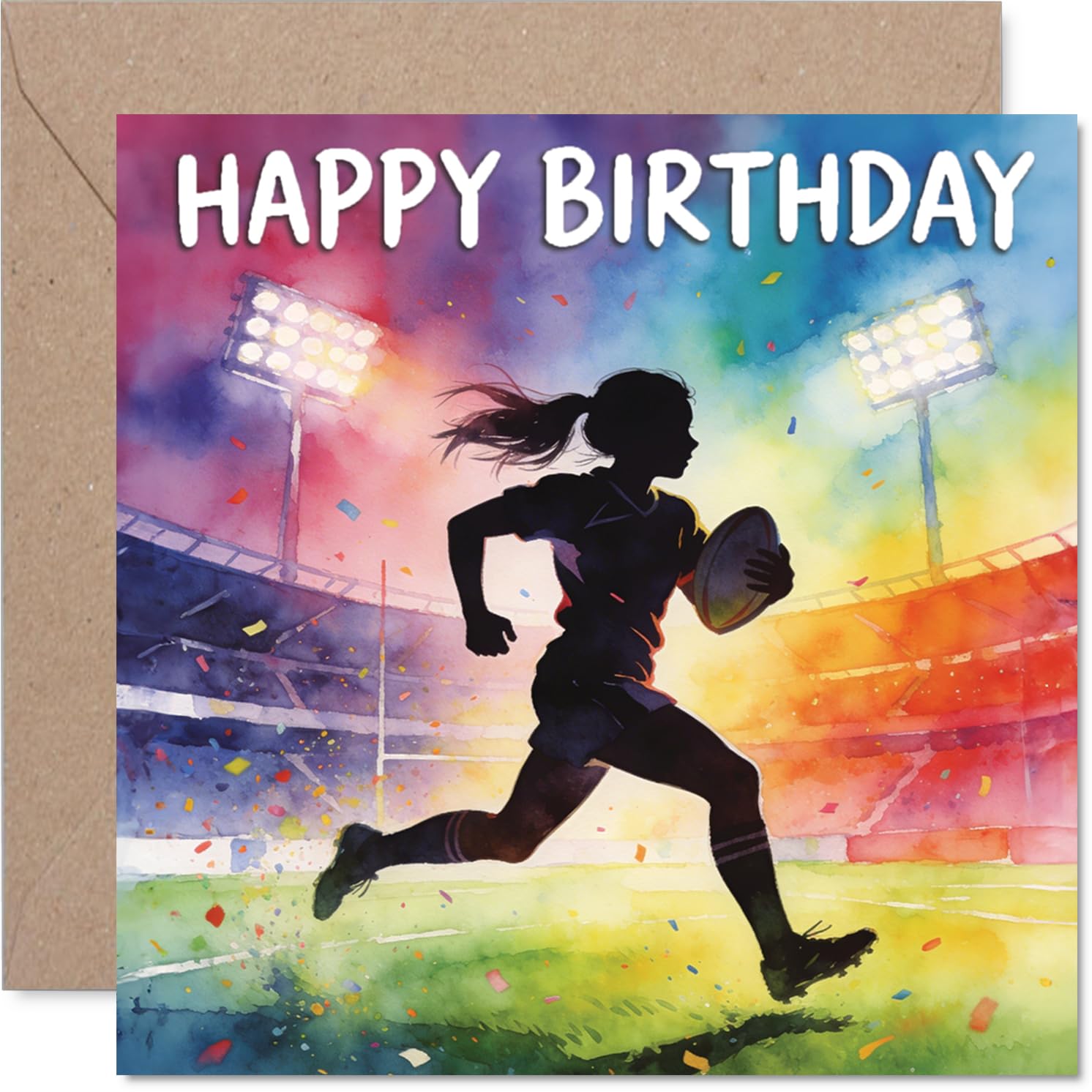 Playful Birthday Card - Vibrant Rugby Action Silhouette - Colourful Design Bursting with Energy - Ideal for Sporty Celebrations - 145mm Square, Envelope Included