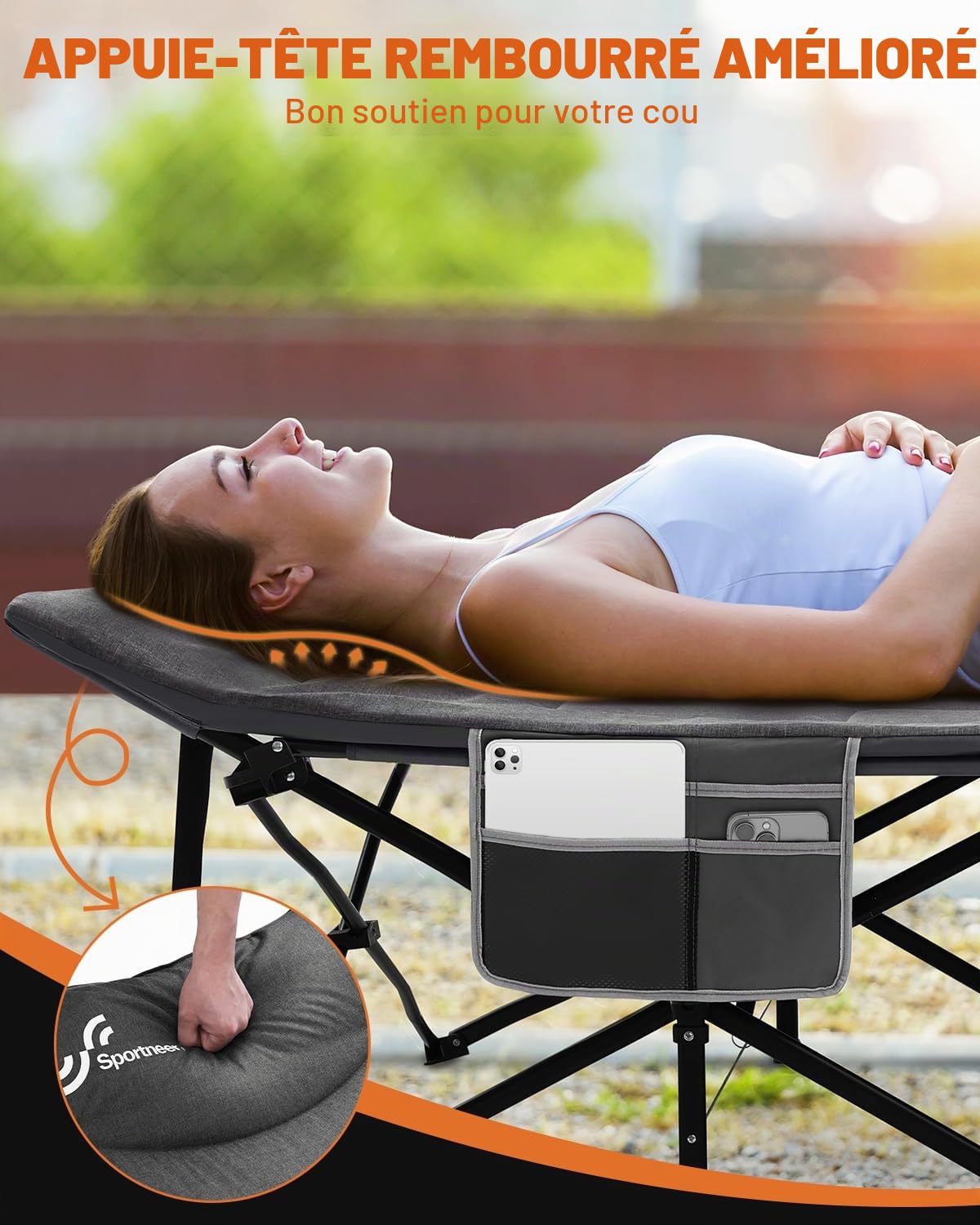 Sportneer Lits de Camping pour Adultes, lit de Couchage avec Coussin, Charge maximale de 204,1 kg, lit de Camping Pliable et rembourré pour Tente de Camping, Bureau, extérieur, Voyage