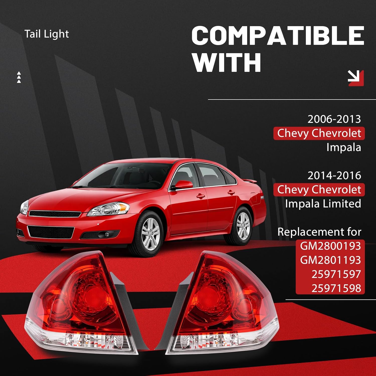 HECASA Halogen Tail Light Compatible with 2006-2016 Chevy Chevrolet Impala Limited Replacement for 25971597 25971598 GM2800193 GM2801193 Pair w/Bulbs