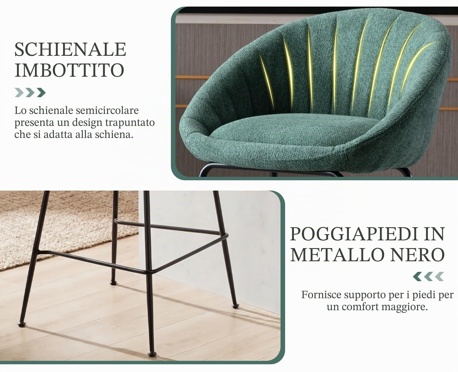 chairus Set di 2 Sgabelli da Bar Sgabelli Cucina in Tessuto di Lino, Verde