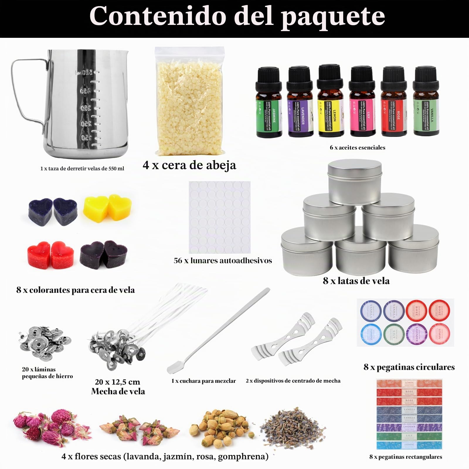 TEPENAR Kit de fabricación de velas DIY – Juego de velas perfumadas con cera de soja y abejas, latas de vela plata, soporte para mecha, cera de abejas, olla de fusión como regalo para adultos