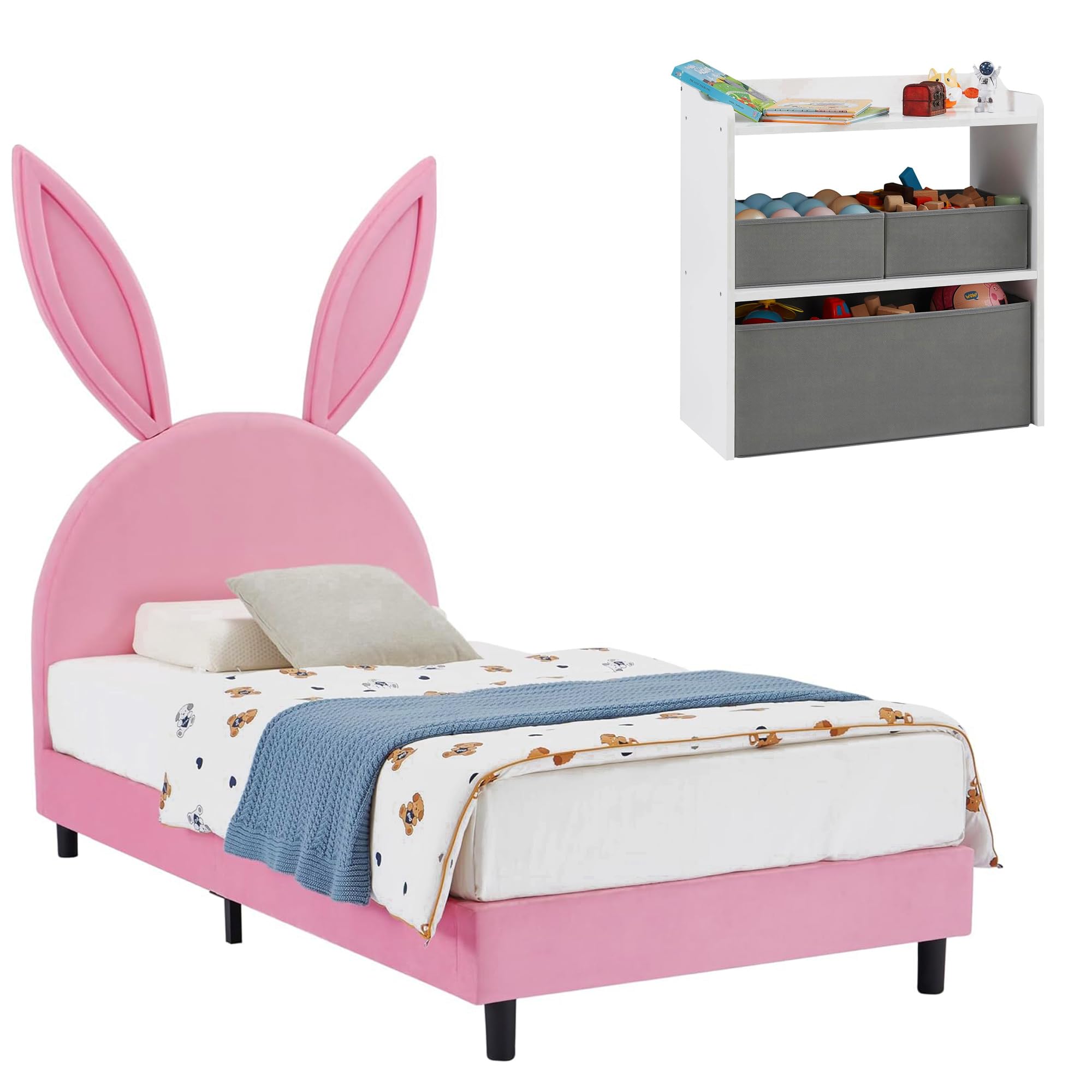 VECELO Twin Bed Frame with Upholstered Headboard, Heavy-Duty Velvet Platform Bedframe with 12 Strong Wood Slat Support, No Boxing Spring Needed,Noise Free,Pink