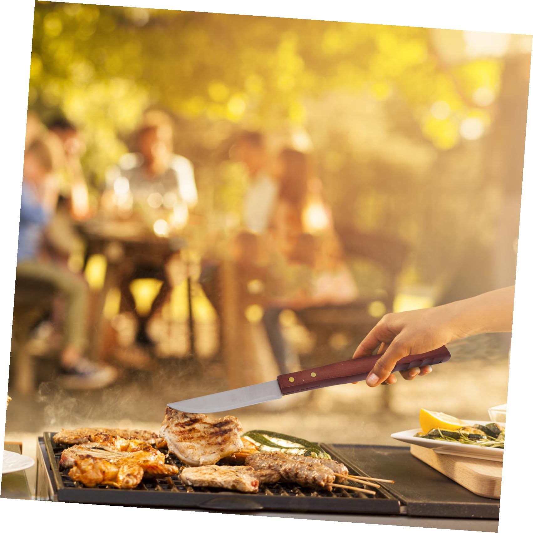 Set Utensili Barbecue 8 Pezzi in Acciaio Inox e Legno Nero | Design Compatto, Borsa Inclusa, Adatto per Campeggio e Uso Outdoor, Salvaspazio