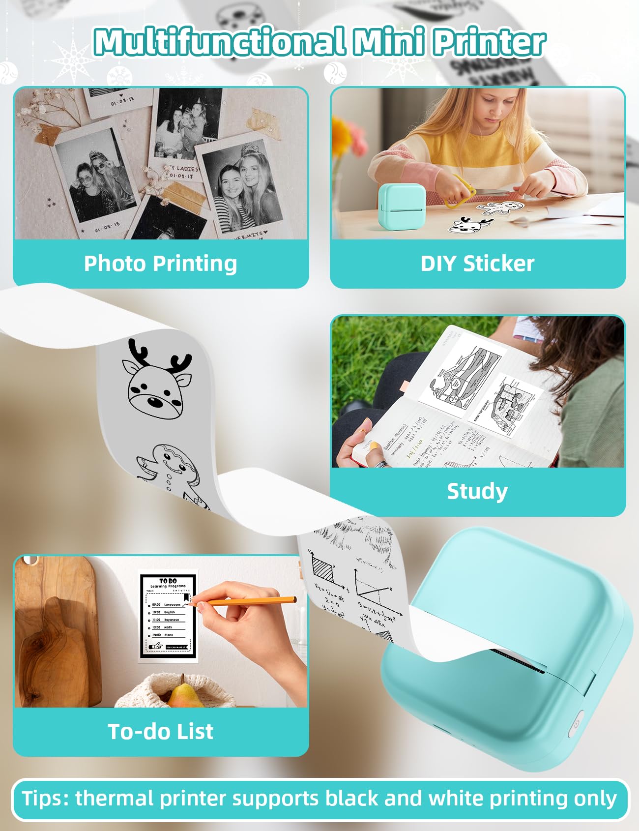 Memoking M02L Mini Bluetooth Thermal Printer Portable with 1 Roll Paper Green