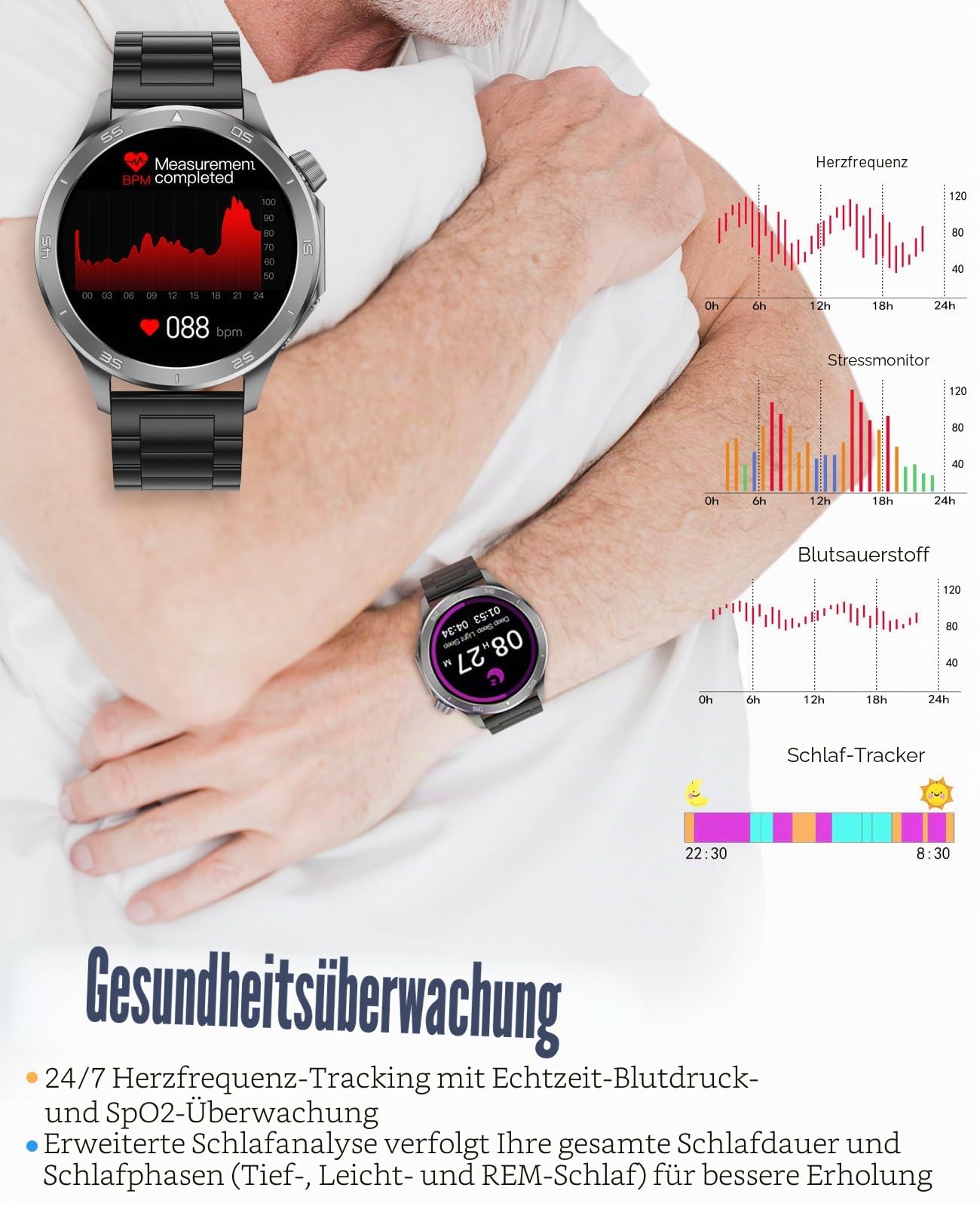 Smartwatch für Herren, GPS-Sport-Smartwatch, 1,54 Zoll HD-Bildschirm IP67 wasserdicht, Anruf annehmen/tätigen, Herzfrequenzmesser, Schlaf-Tracking, Fitness-Tracker, kompatibel für Android iOS (Schwarz