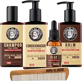 Kit Completo para Barba Shampoo Condicionador Balm e Óleo Pente de Madeira Reto - Barba de Macho