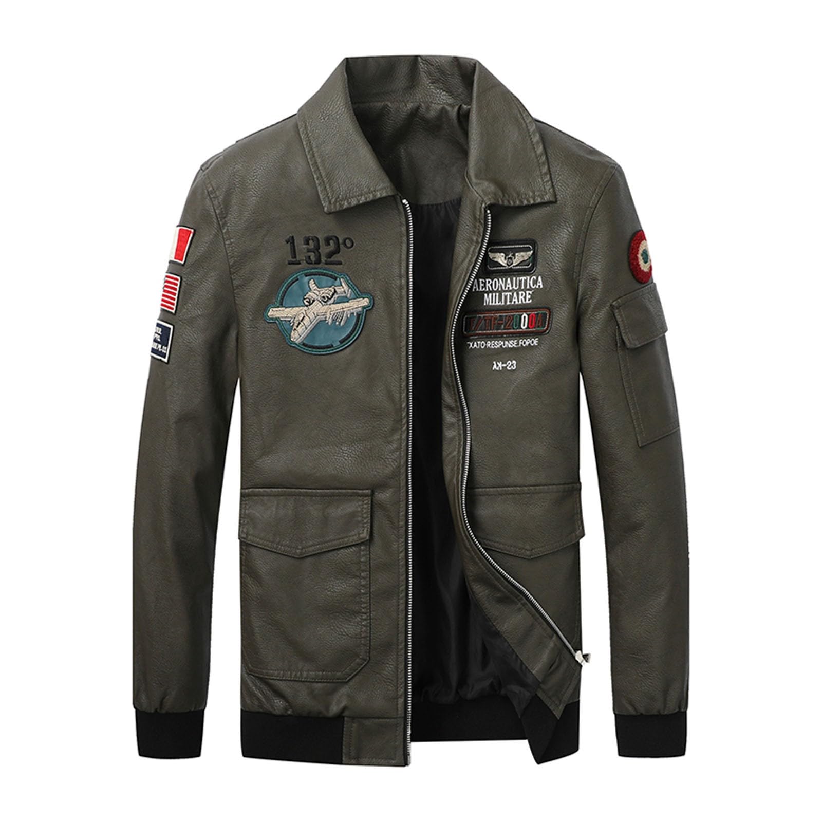 Generisch Giacca in pelle da uomo calda giacca invernale da pilota con distintivo aviatore, giacca softshell bomber stile militare, giacca da aviatore, giacca in pelle sintetica