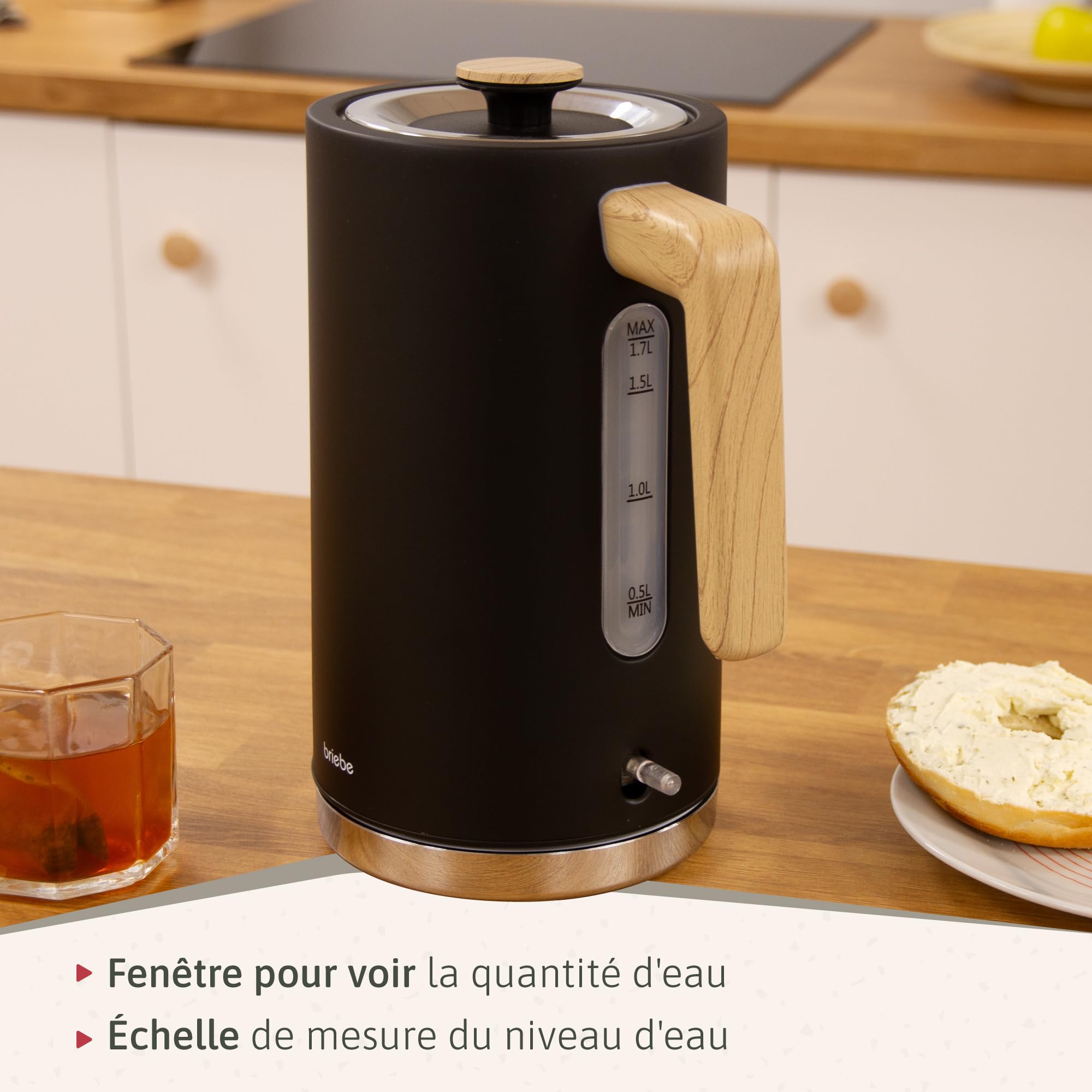 briebe Nordic Ensemble Grille Pain 2 Fentes Tranches Larges, 6 Niveaux de Dorage + Bouilloire Électrique 1,7 L sans Fil, 2200 W, sans BPA, Pack Petit Déjeuner Électroménager, Design Nordique, Noir