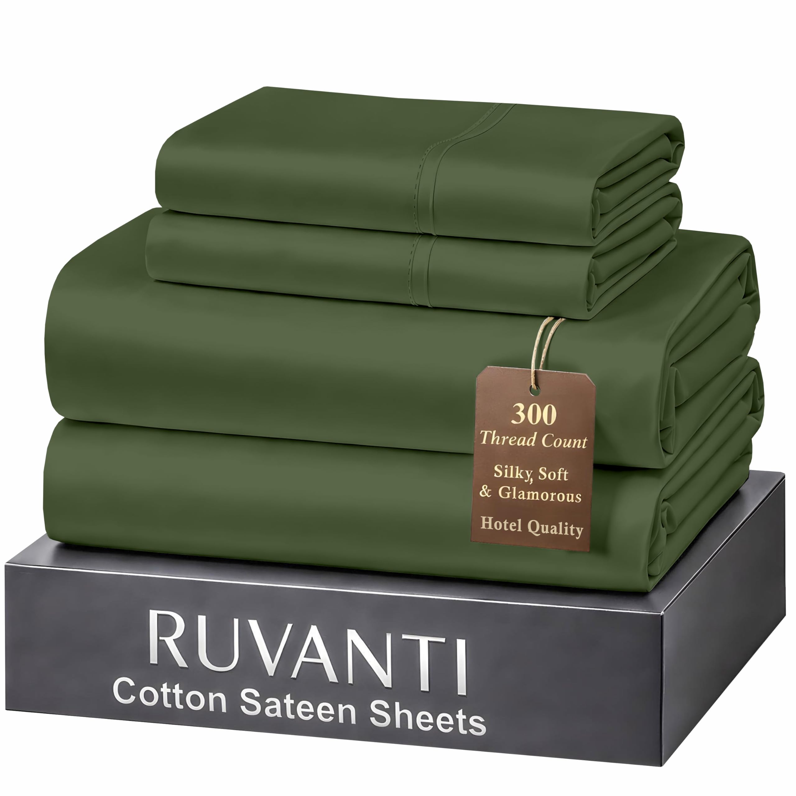 RUVANTI 100% Cotton Sheets Queen Size Bed Set - 300 Thread Count Silky Soft Sateen Weave, Cooling, Lightweight & Breathable, 16" Deep Pocket, Durable & Luxury Satin-Like, 4 Piece, Rifle Green โ image 1