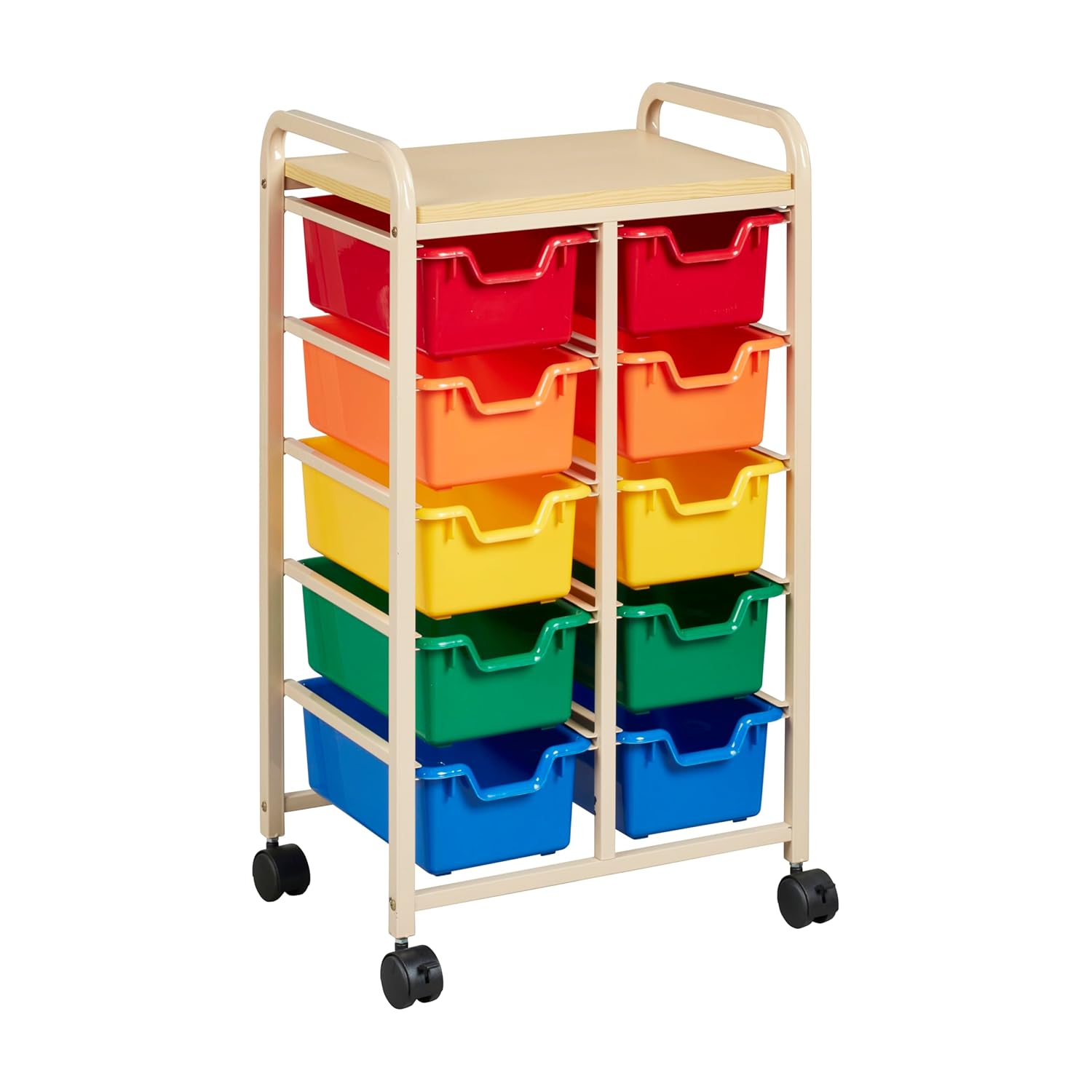 ECR4Kids 10-Bin Mobile Storage Organizer Cart with Locking Casters - Classroom Playroom Toy Organizer Sand/Assorted