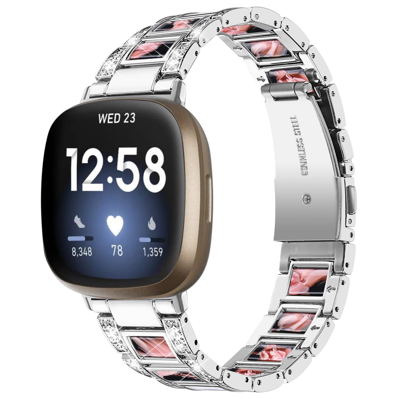 AISPORTS Compatible for Fitbit Versa 4/Sense 2 Strap Stainless Steel Resin for Women, Crystal Bling Glitter Diamonds Jewelry Metal Bracelet Sport Wristband Replacement Strap for Fitbit Versa 4/Sense 2